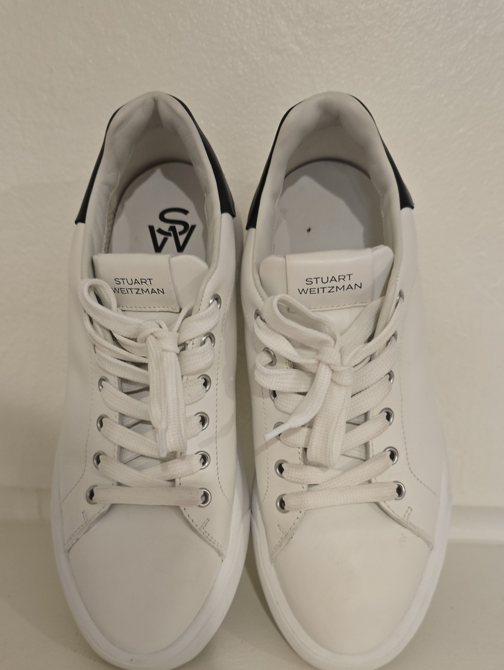 Stuart Weitzman White Leather Sneakers with Black Heel Accent